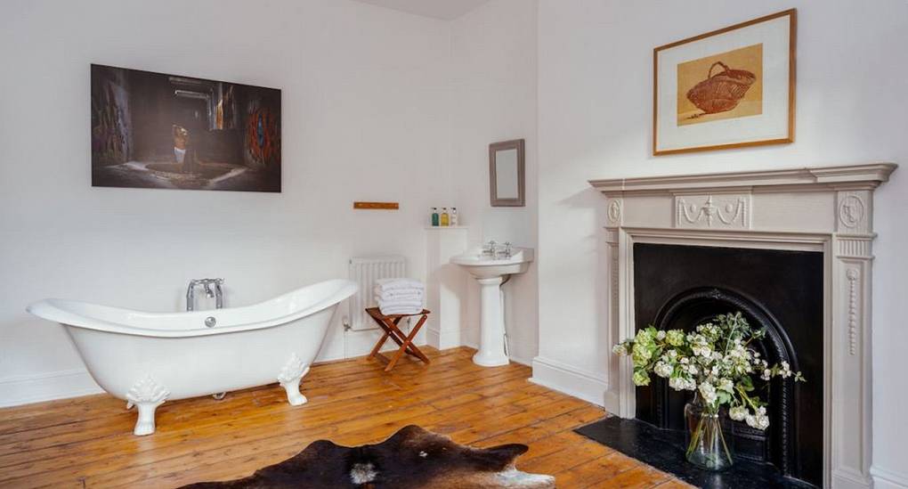 bedroom fire place and bath