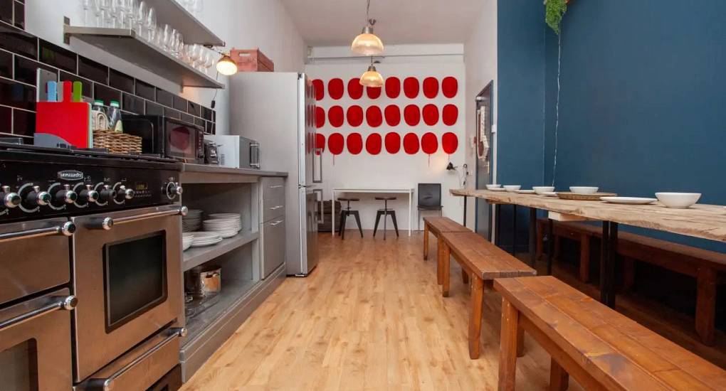 View of the Kitchen area and bench at the Cardiff Bunkhouse