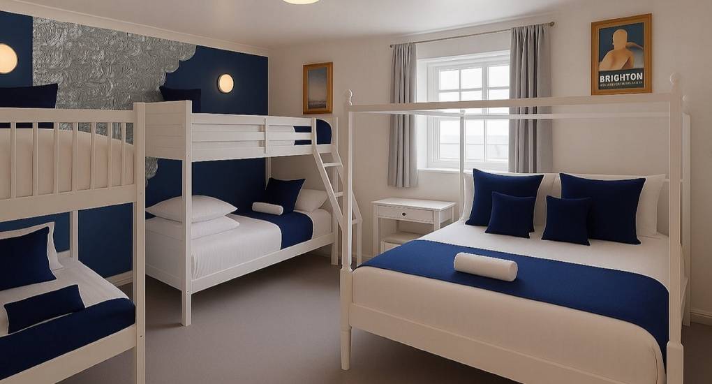 Large bedroom with bunk beds decorated blue