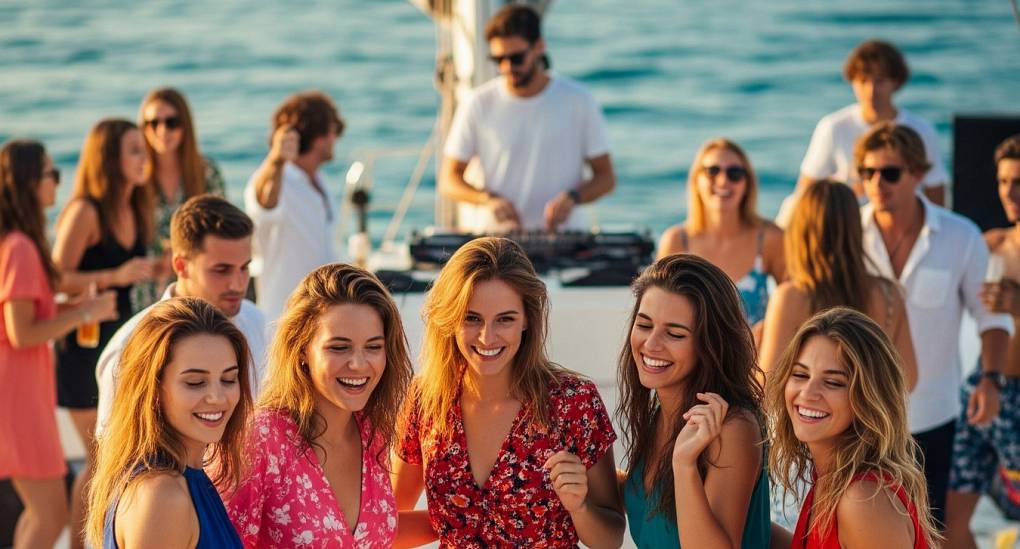 Group of hens enjoying dancing on a party boat with DJ and other guests in the background