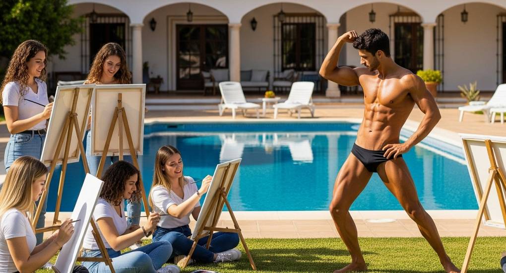 Male model posing for a hen group enjoying life drawing class with Spanish villa in the background