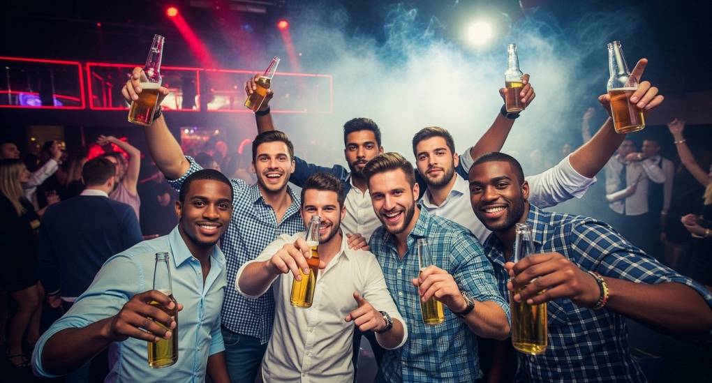Guys in a nightclub posing for pic