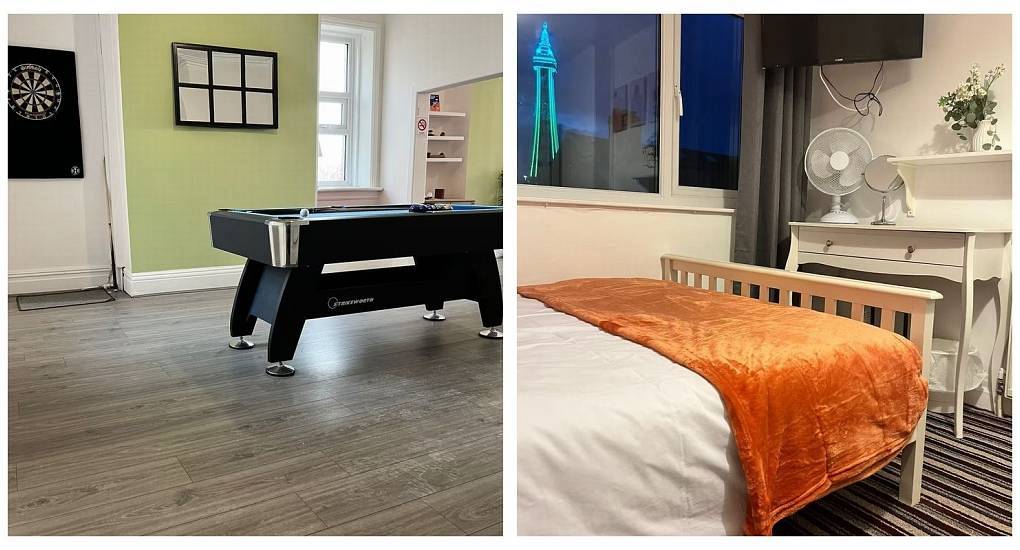 Games room with pool table and bedroom with Blackpool Tower views at Tower View, a central Blackpool hen house.