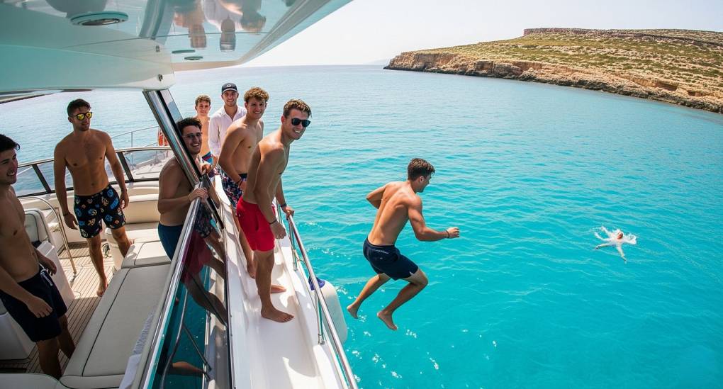 Malta Stag do enjoying the boat cruise round Cosimo on the Blue Lagoon Malta stag party package