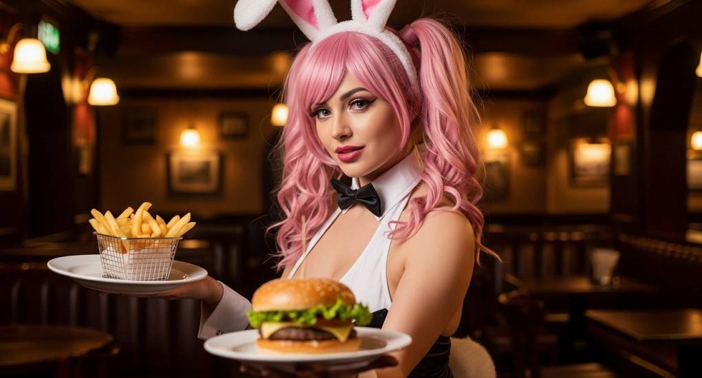 Waitress dressed in bunny fancy dress offering a burger and fries meal to the camera
