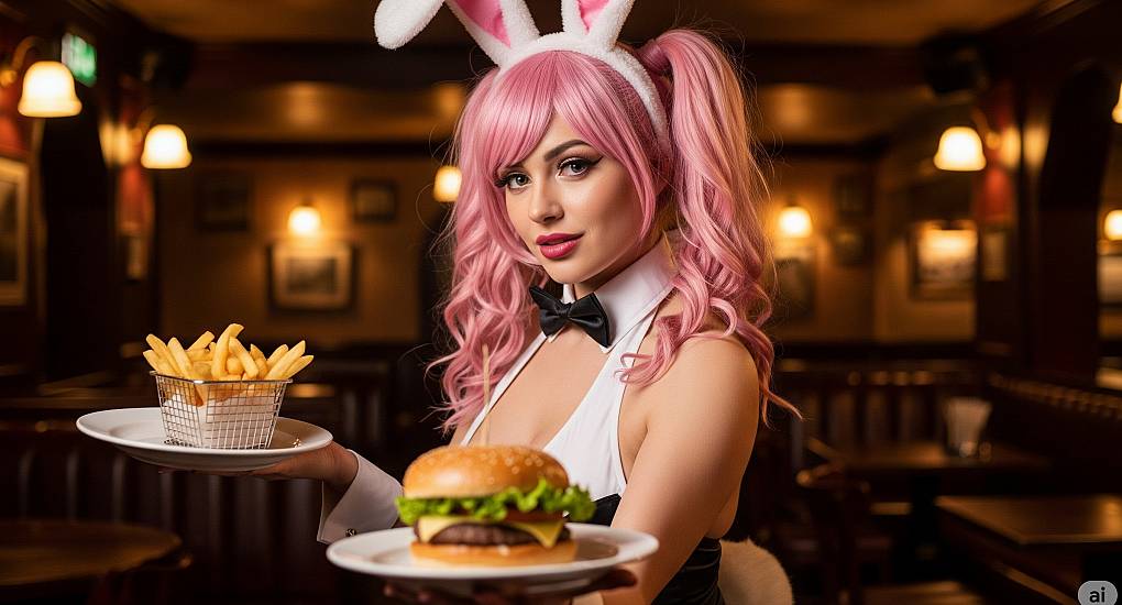 Waitress dressed in bunny fancy dress offering a burger and fries meal to the camers