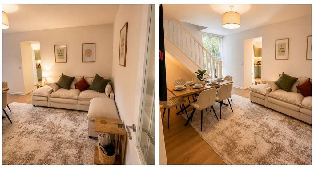 Bright open plan lounge and dining space with neutral sofas and wooden table at Welsh Ten accommodation near Cardiff.