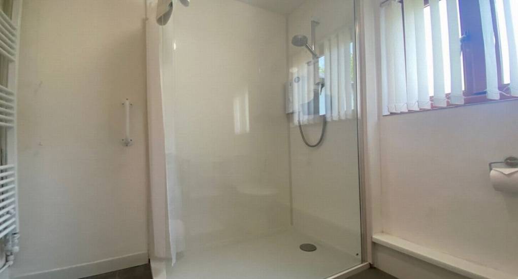 white shower room with shower and towel rail