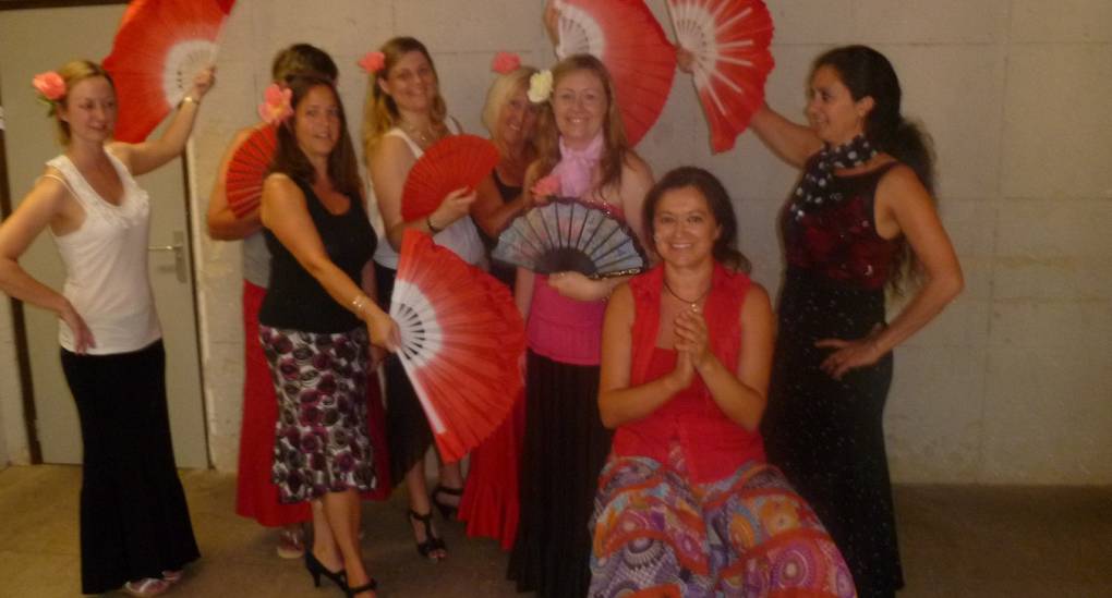 Hen party pose in traditional Spanish dancewear