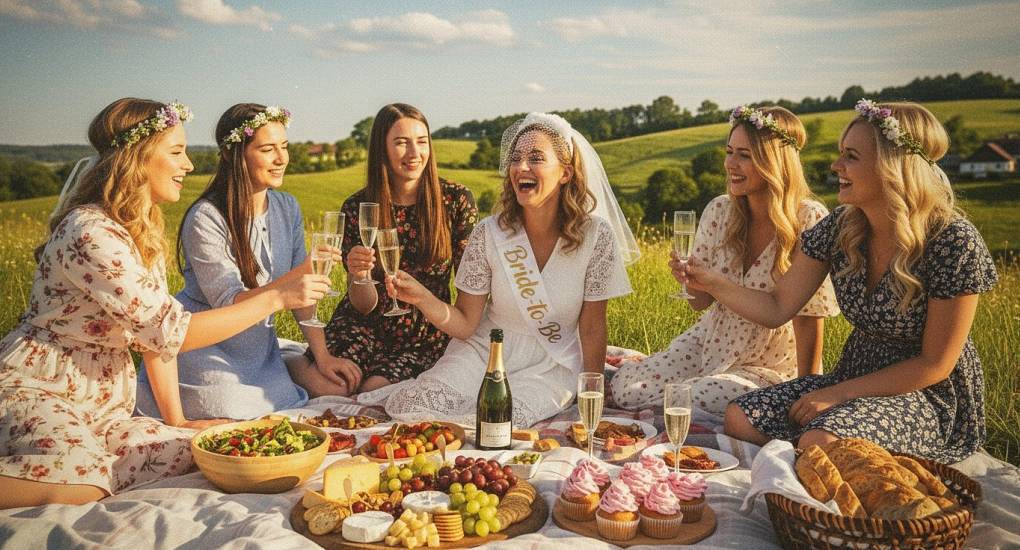 Group of hens enjoying an outdoor countryside picnic with champagne, rustic backdrop for a Forest of Dean hen party.