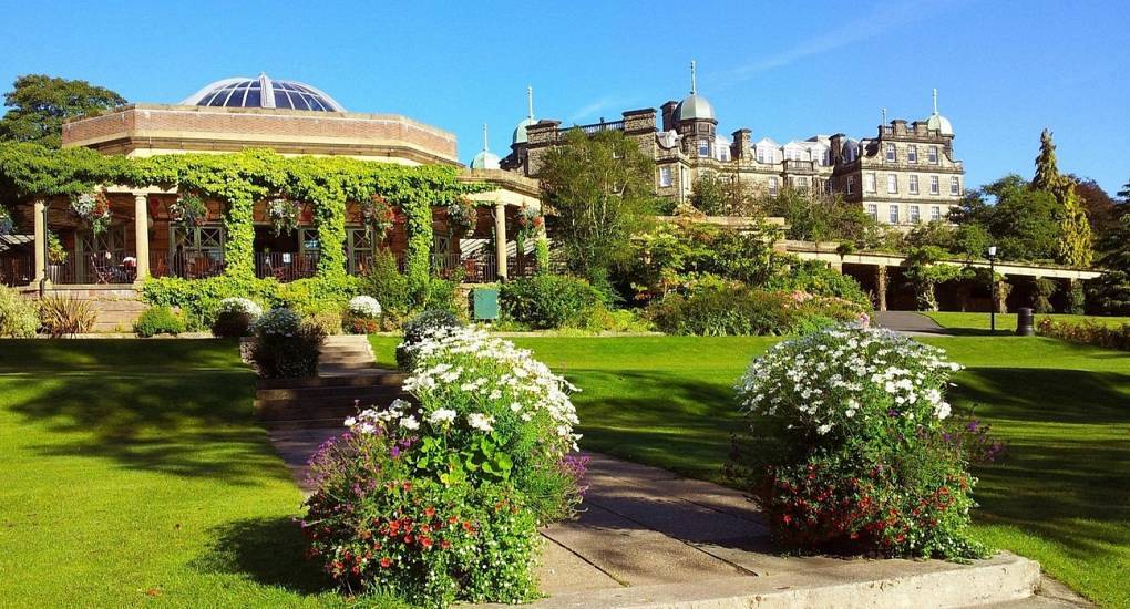 Ivy-covered Sun Pavilion and manicured Valley Gardens floral grounds, elegant backdrop for a Harrogate hen do.