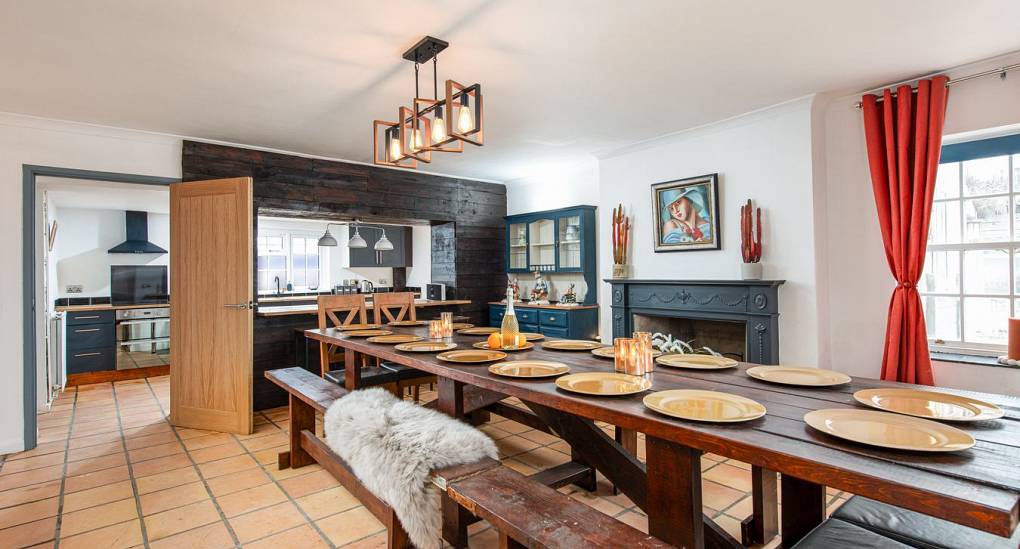 View of dining table into the kitchen