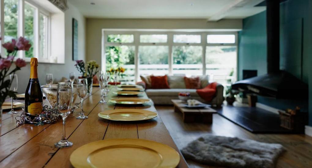 Dining table in Lounge with fire