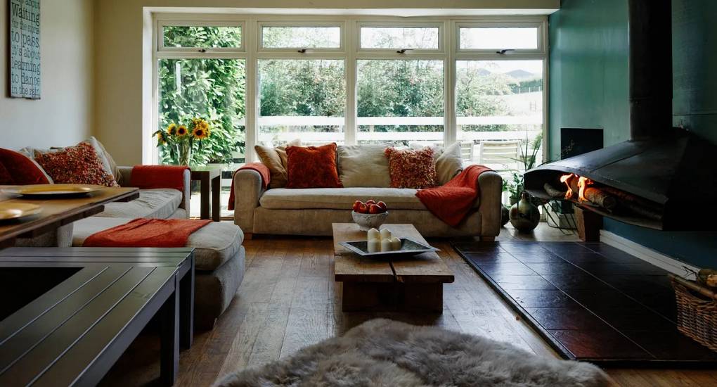 Lovely rug in front of fire