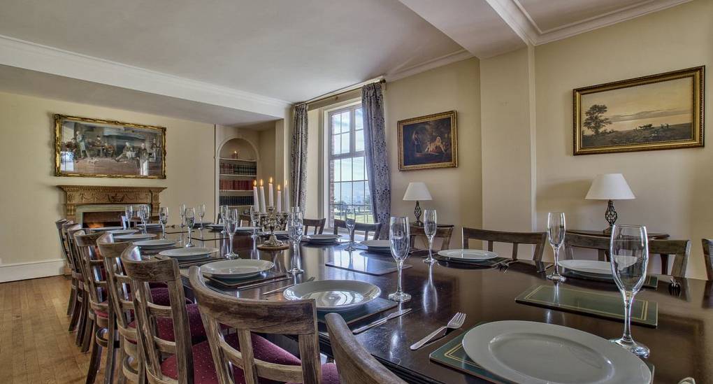 Dining table set up for dinner
