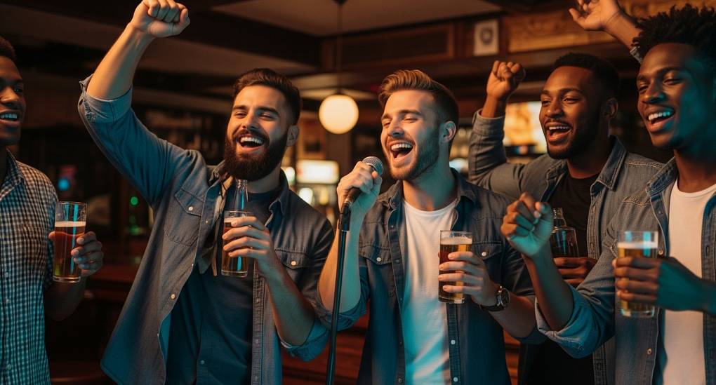 Group of stags singing karaoke on the Albufeira stag package, Dinner Football and Strippers
