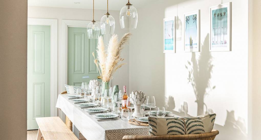 Large dining area at The Drift: Luxury Bournemouth hen party house with group seating for 14, located just moments from the beach.