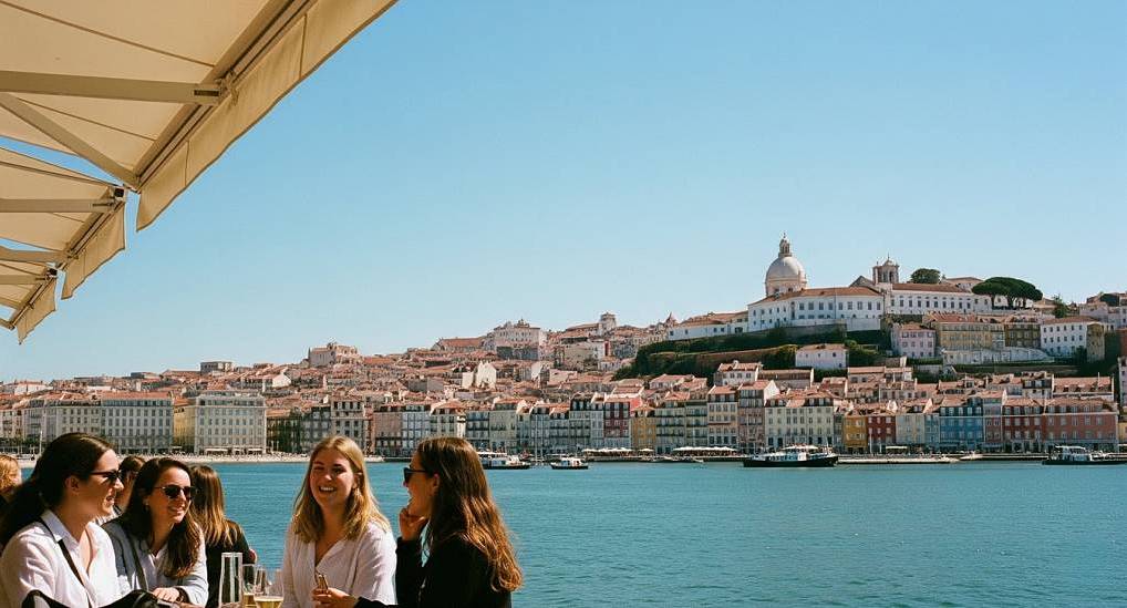 Group of friends enjoying wine at a waterfront terrace with views of Alfama and National Pantheon for a Lisbon hen do.