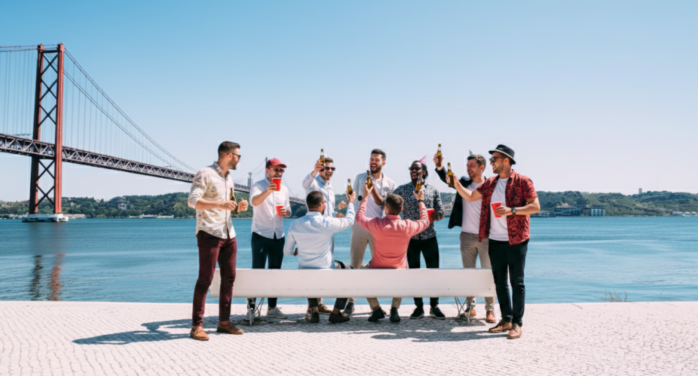 Group of men raising drinks along Tagus River with 25 de Abril Bridge backdrop, celebration setting for a Lisbon stag do.