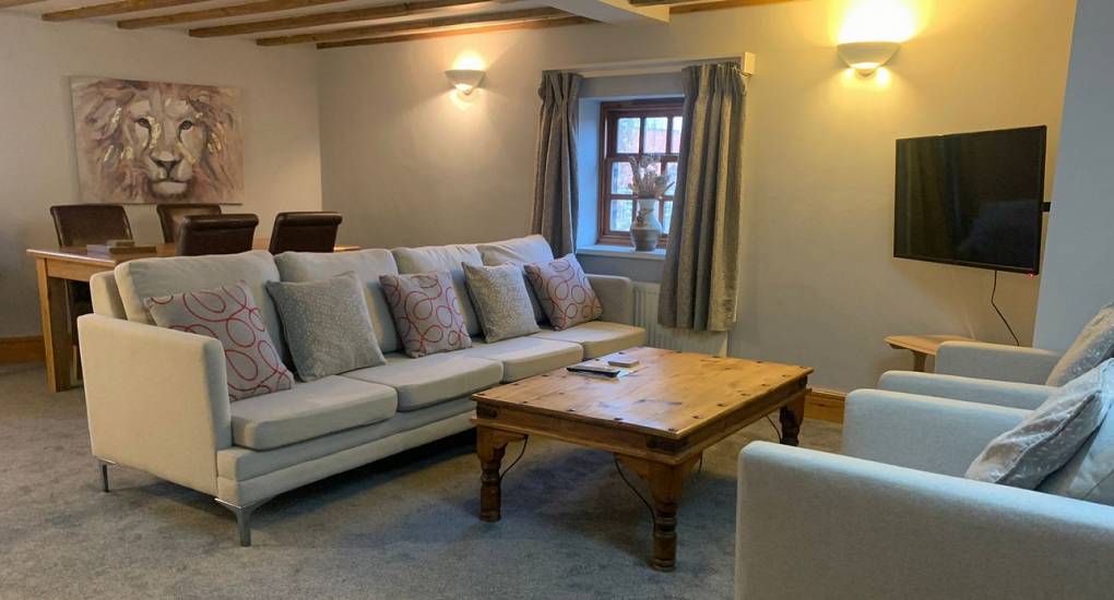 Lounge area with sofa and picture of a Lion on the wall