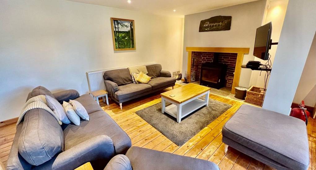 The lounge area and fireplace at the Forest Tree House