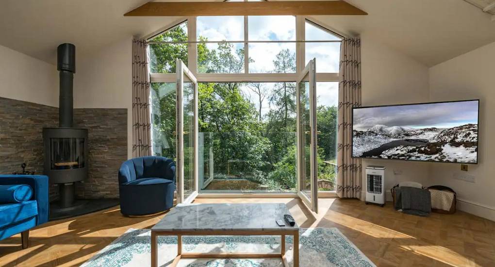 Looking outside the large patio doors from the lounge area