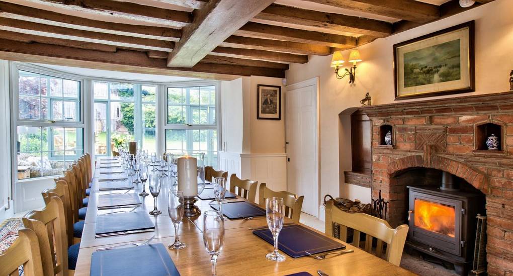 Dining table with wooden beams showing