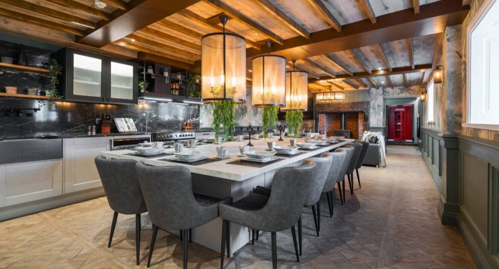 Another view of the dining area with huge dining table for 16 guests