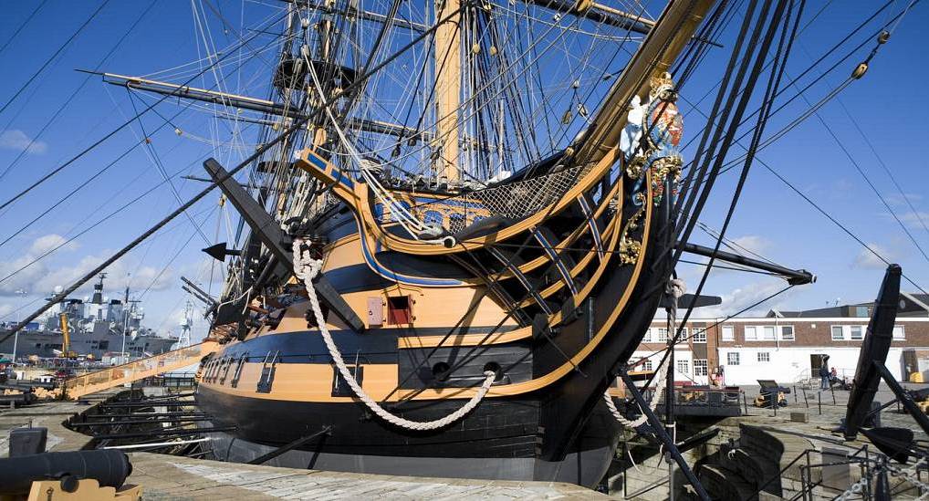 HMS Victory warship bow and rigging at Portsmouth Historic Dockyard, iconic maritime backdrop for a Portsmouth hen do.