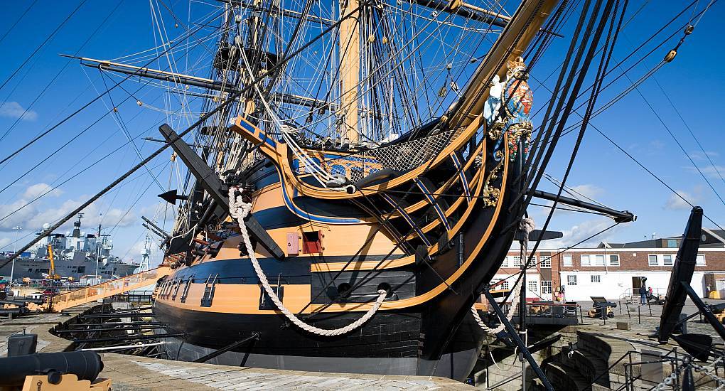 HMS Victory warship bow and rigging at Portsmouth Historic Dockyard, iconic maritime backdrop for a Portsmouth stag do.
