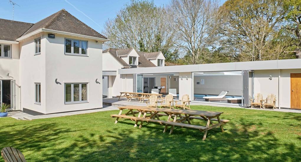 Rear exterior view of Spa Town, a luxury Cheltenham hen party house set in large private Cotswolds gardens.