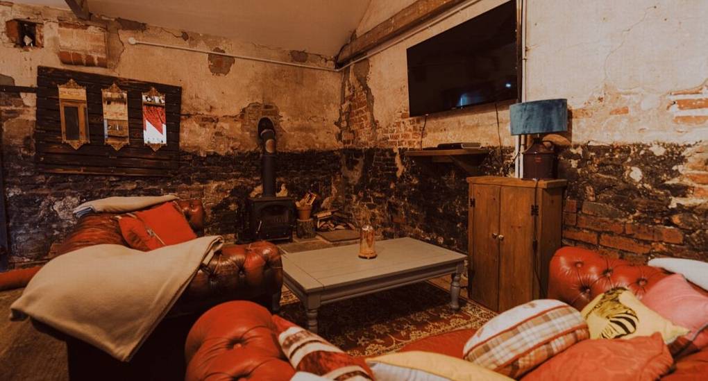 Sofa and TV in party barn