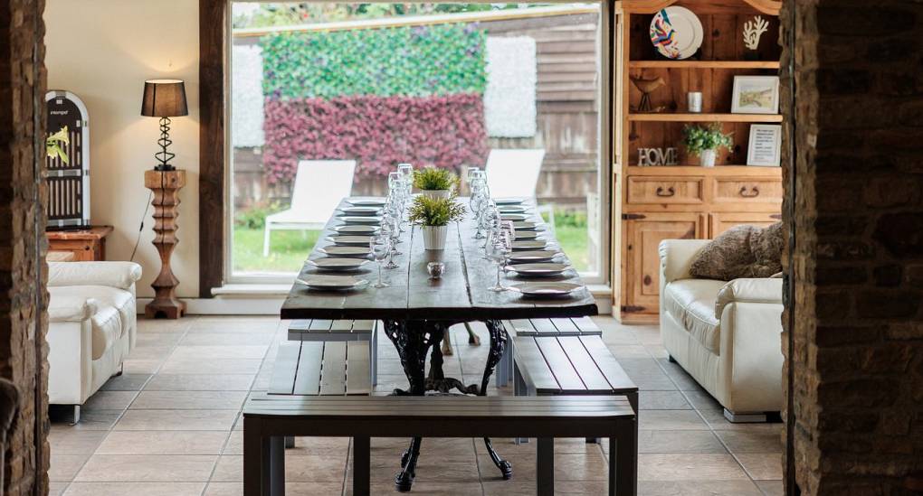 Dining table view into garden