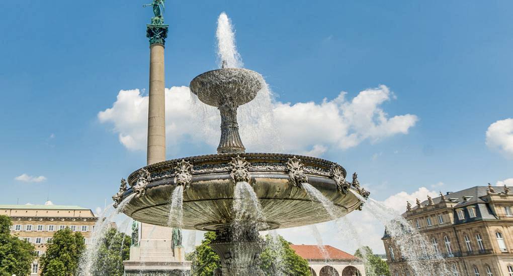 Schlossplatz fountain cascading water in central Stuttgart, historic landmark backdrop for a Stuttgart stag do.