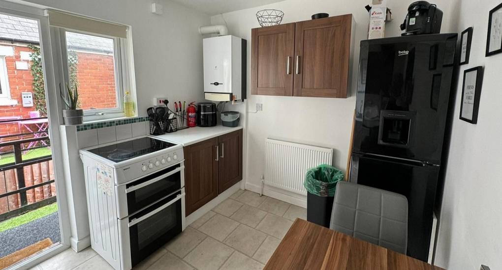 The kitchen area of the Upper Decks Fifty hen and stag do accommodation