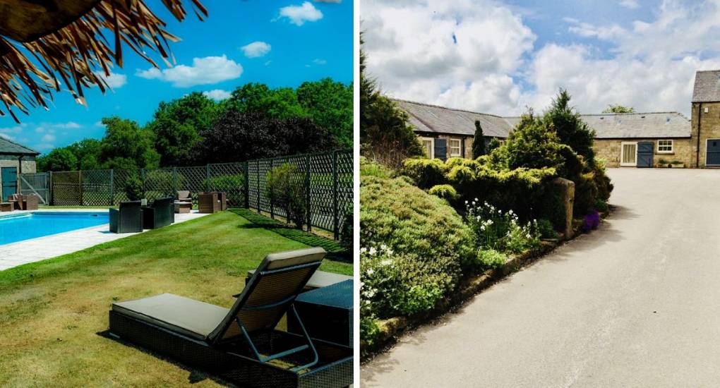 Collaged picture with swimming pool and lounger and driveway to the Swallow Party House