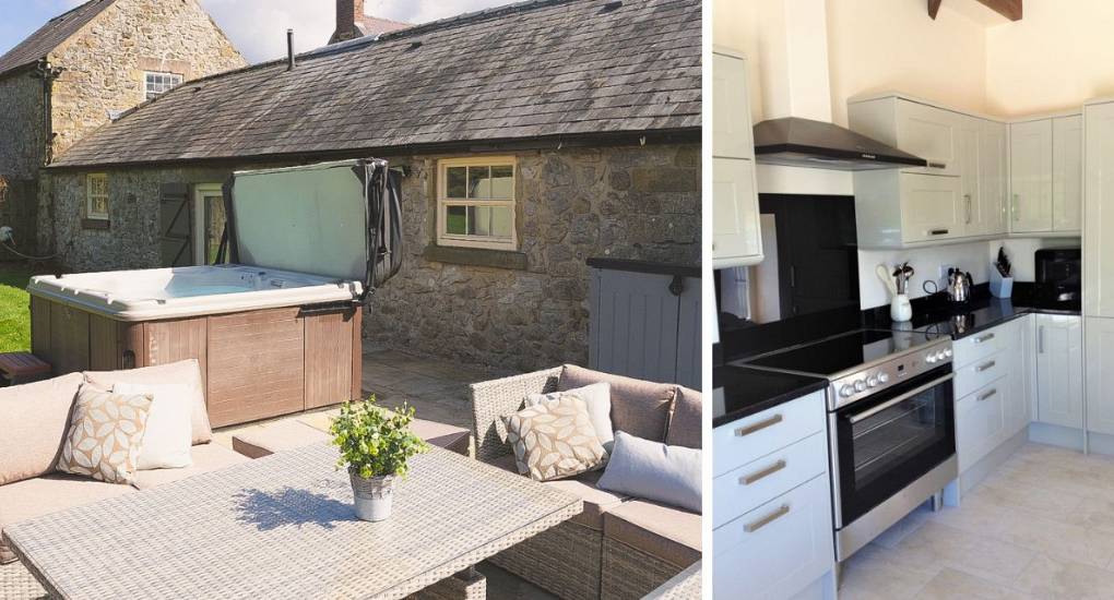 Collaged picture with the garden with furniture and hot tub and the kitchen area