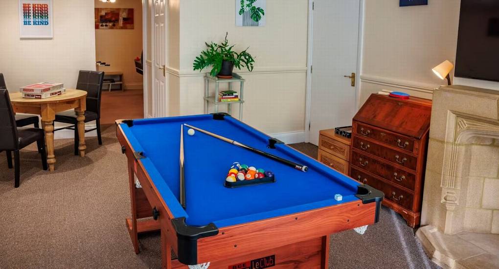 The dedicated leisure area at White Horse House featuring a pool table, providing additional entertainment for a Herefordshire hen weekend accommodation that sleeps 30.
