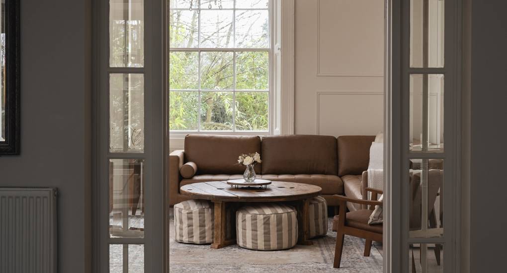 A view through the kitchen doors into the lounge area